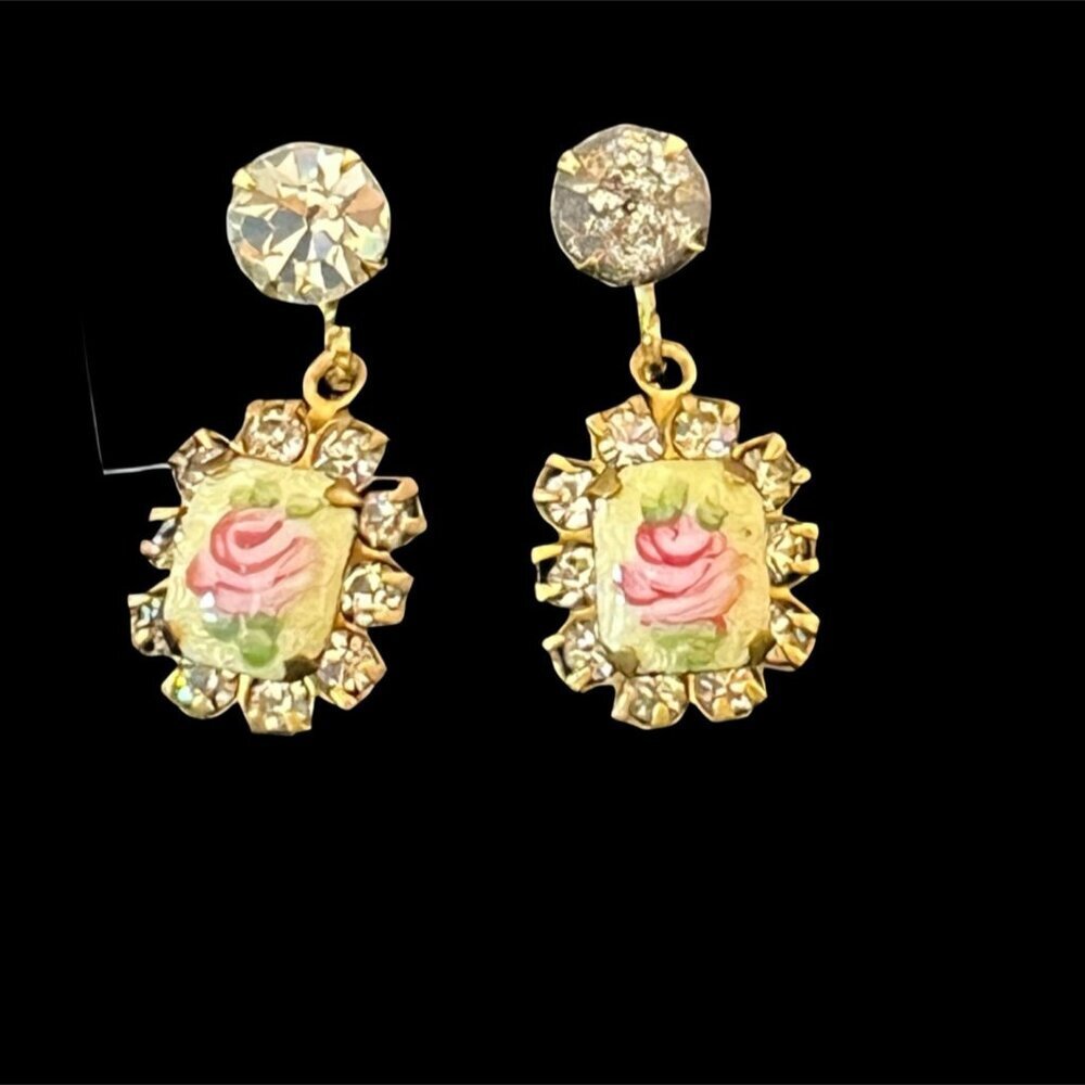 Vintage Guilloche Enamel Rose Rhinestone Floral Screw Back Earrings